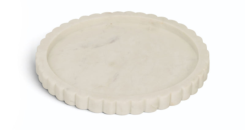 White genuine marble tray with round shape and scalloped border