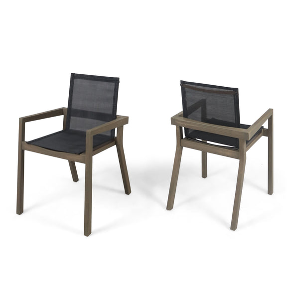 Outdoor dining chairs with gray mesh seats and backs, brown frames, and armrests, shown front and back