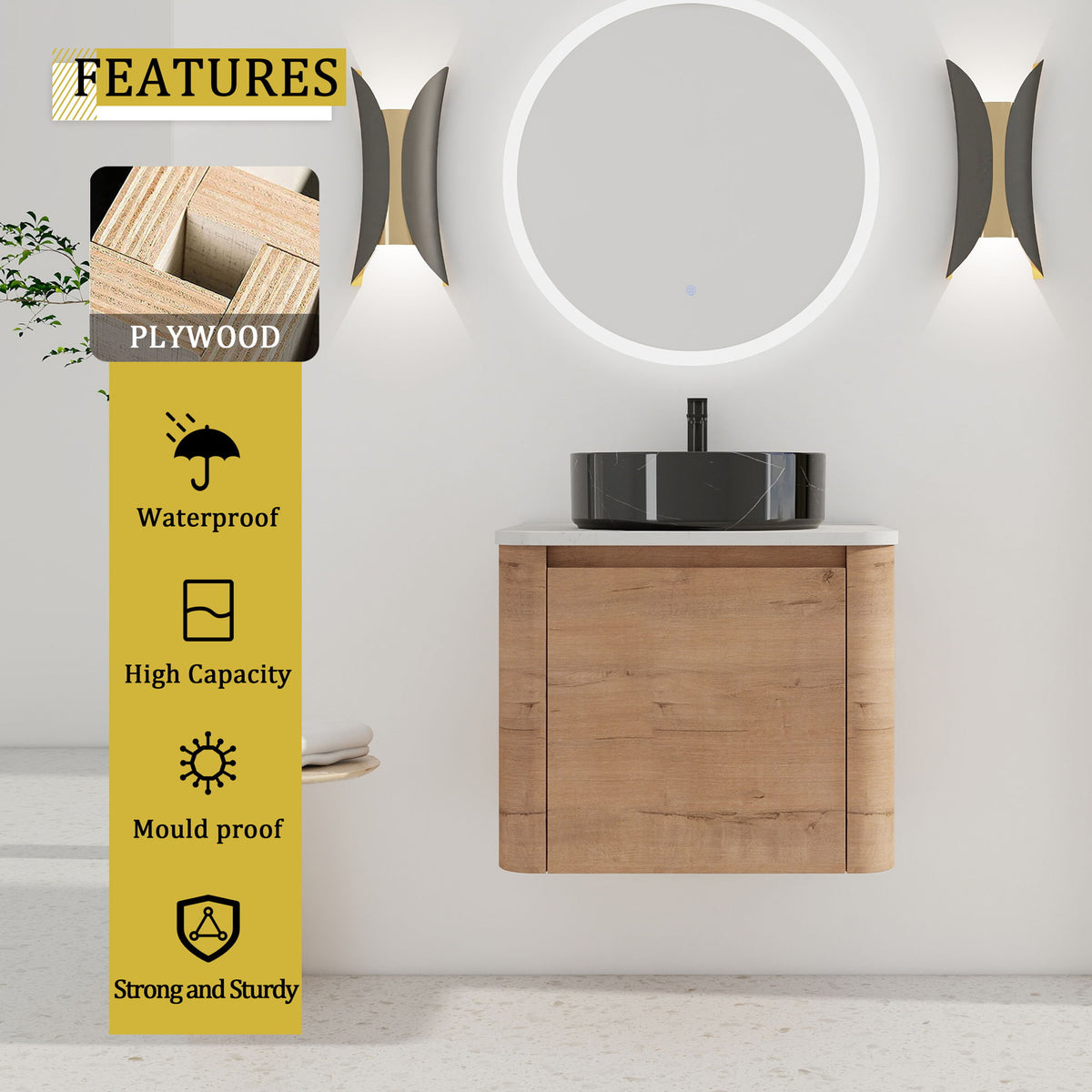 Wall-mounted bathroom vanity with light-wood cabinet and dark round art sink, two doors