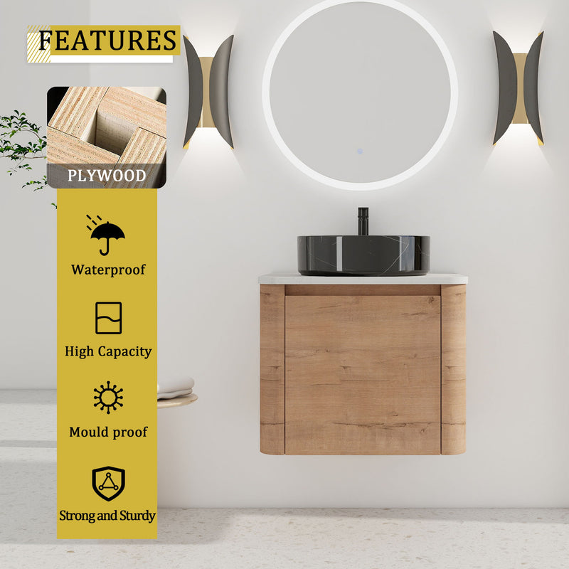 Wall-mounted bathroom vanity with light-wood cabinet and dark round art sink, two doors