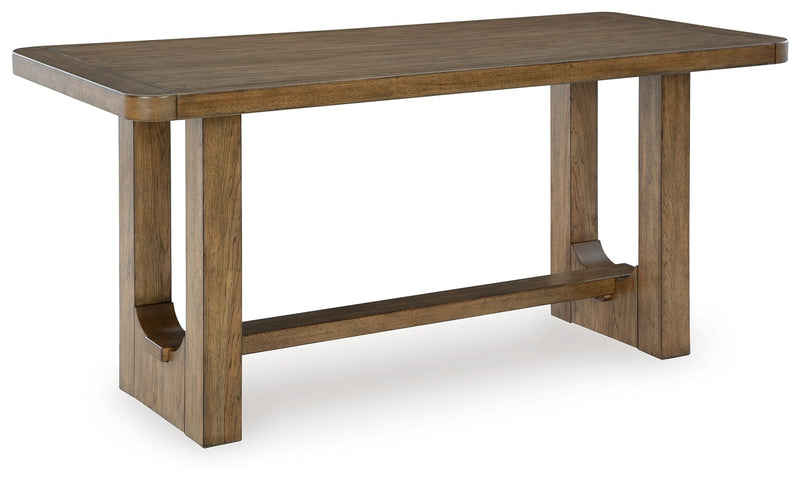 Rectangular dining counter table side view with open apron and chunky light brown legs.