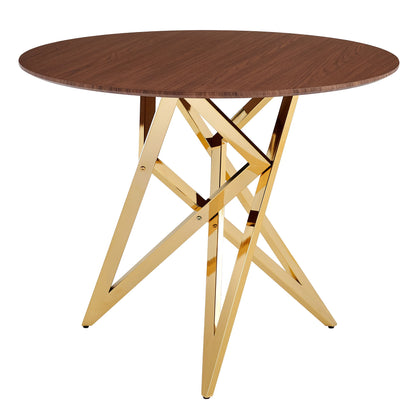 Dark brown round dining table with golden crossed metal legs and angled supports