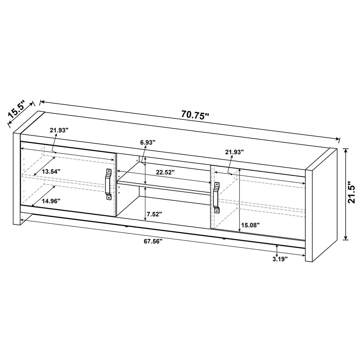 Gray TV stand size diagram showing open shelves and adjustable storage dimensions