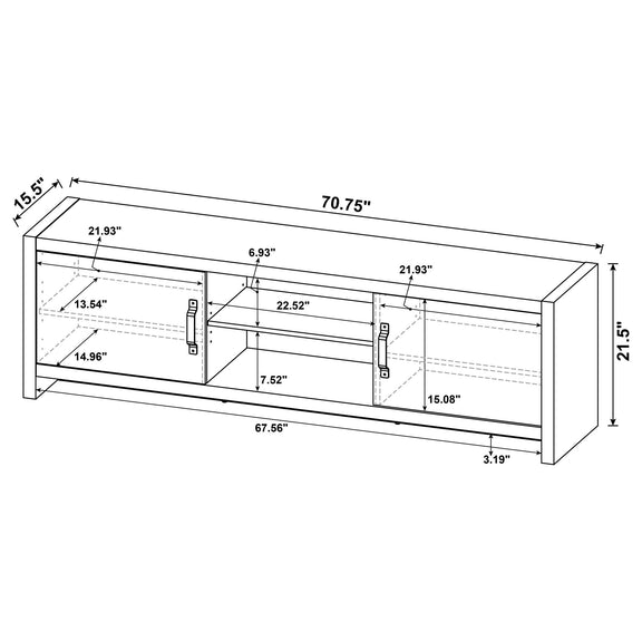 Gray TV stand size diagram showing open shelves and adjustable storage dimensions