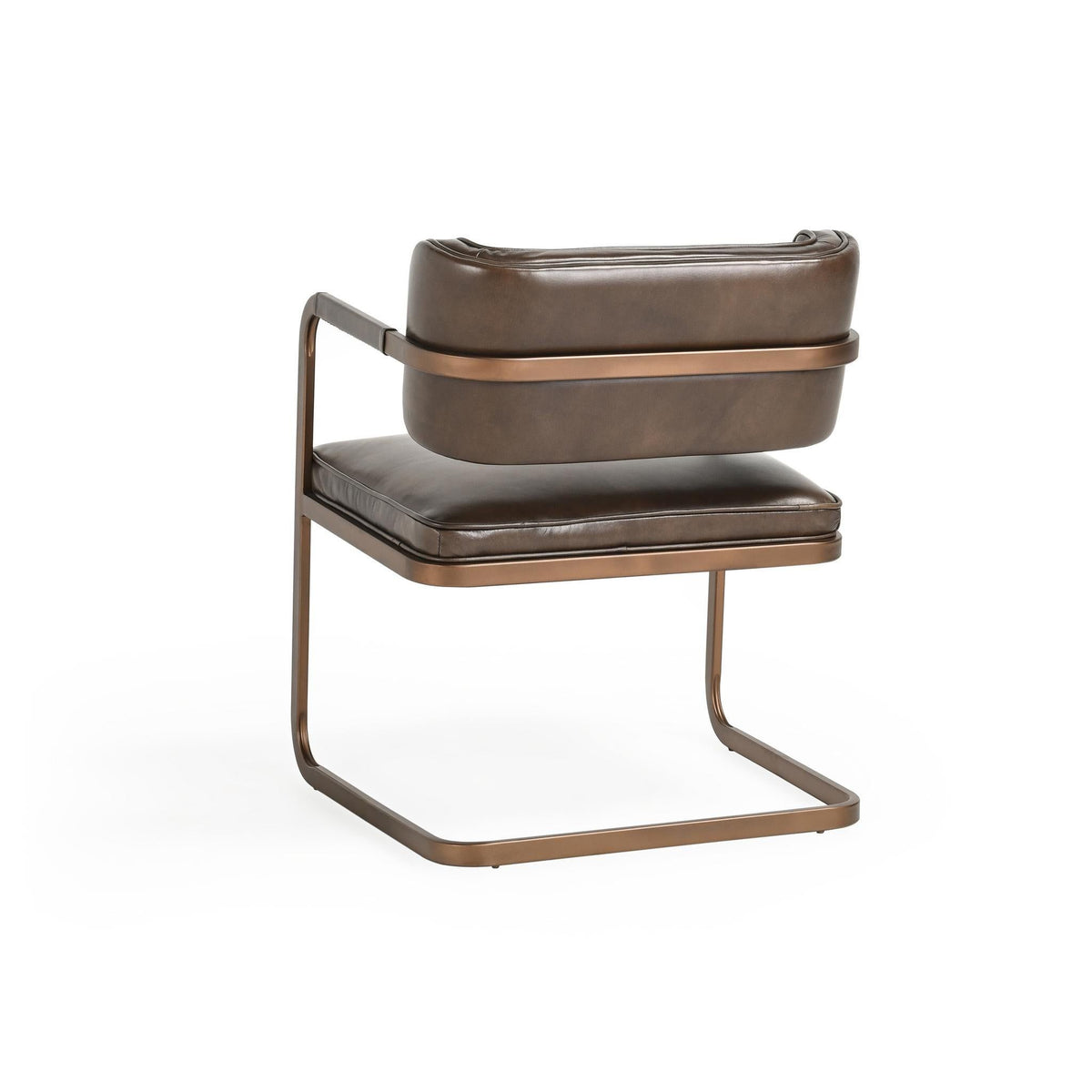Brown dining chair with padded seat and back, and bronze-tone metal cantilever frame