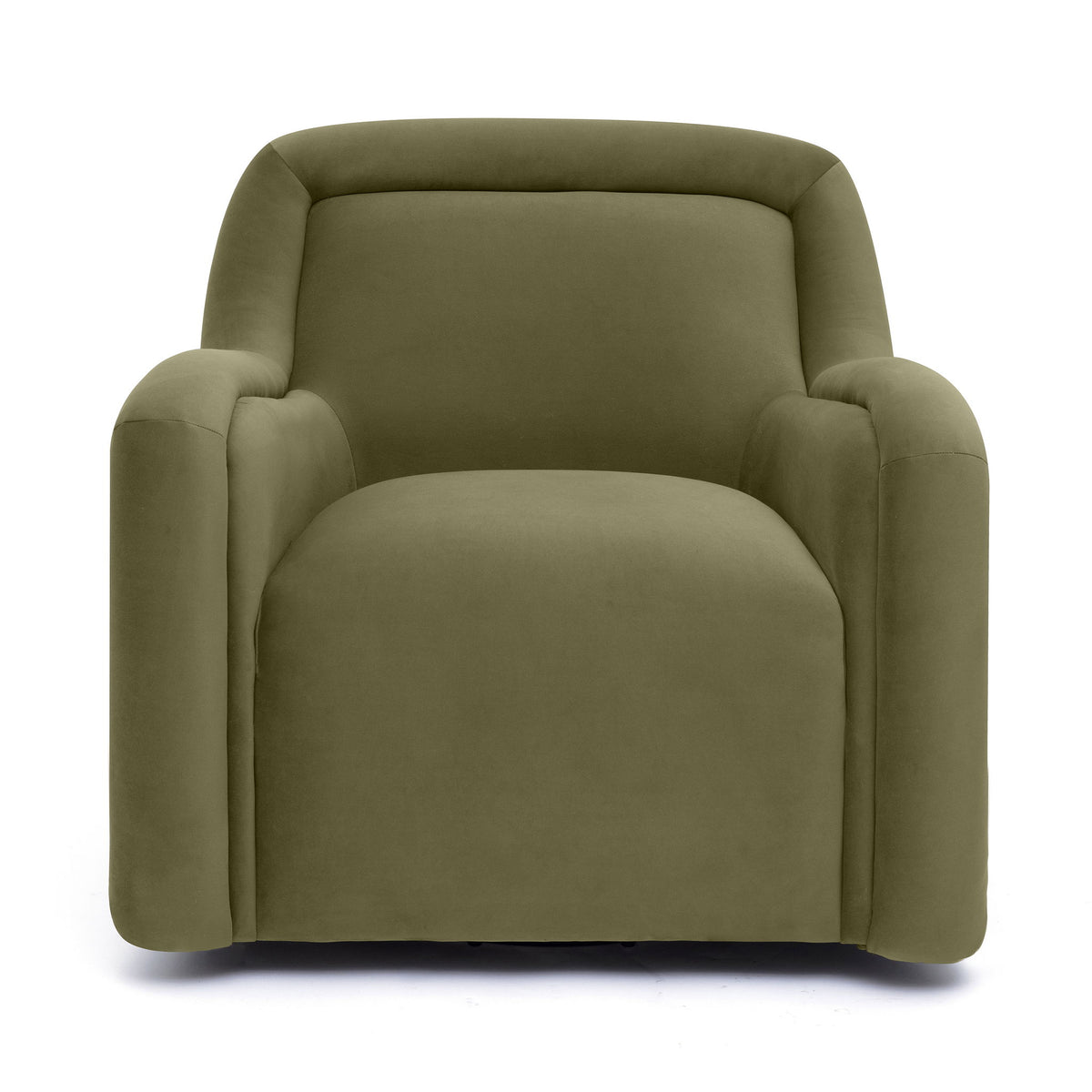 Olive green upholstered swivel chair with rounded arms and thick back cushion.
