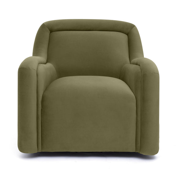 Olive green upholstered swivel chair with rounded arms and thick back cushion.