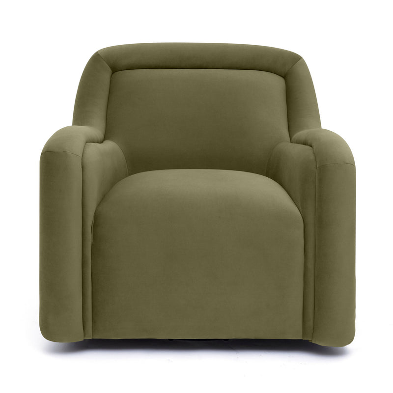 Olive green upholstered swivel chair with rounded arms and thick back cushion.