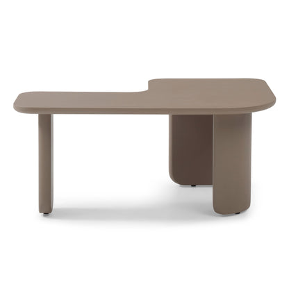 Dark brown L-shaped coffee table with smooth rounded tabletop and pedestal legs