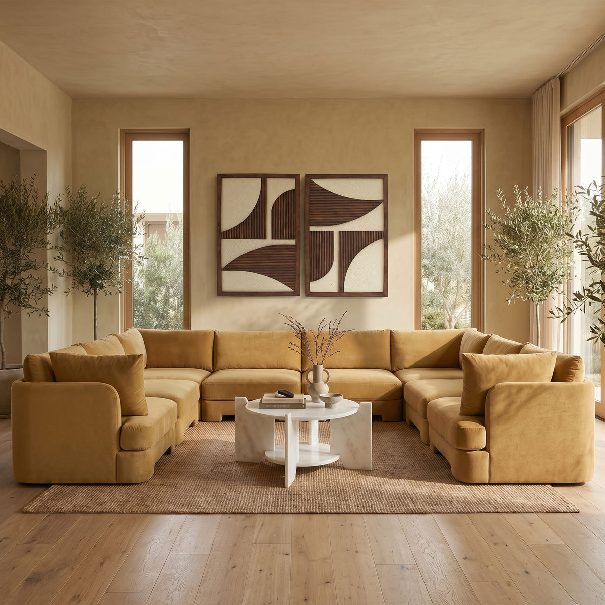 Beige velvet performance sectional with deep seats and rounded arms, U-shaped corner seating