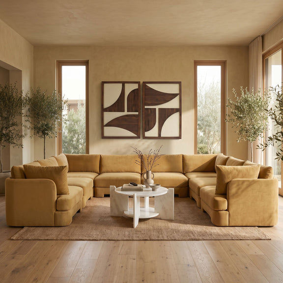 Beige velvet performance sectional with deep seats and rounded arms, U-shaped corner seating