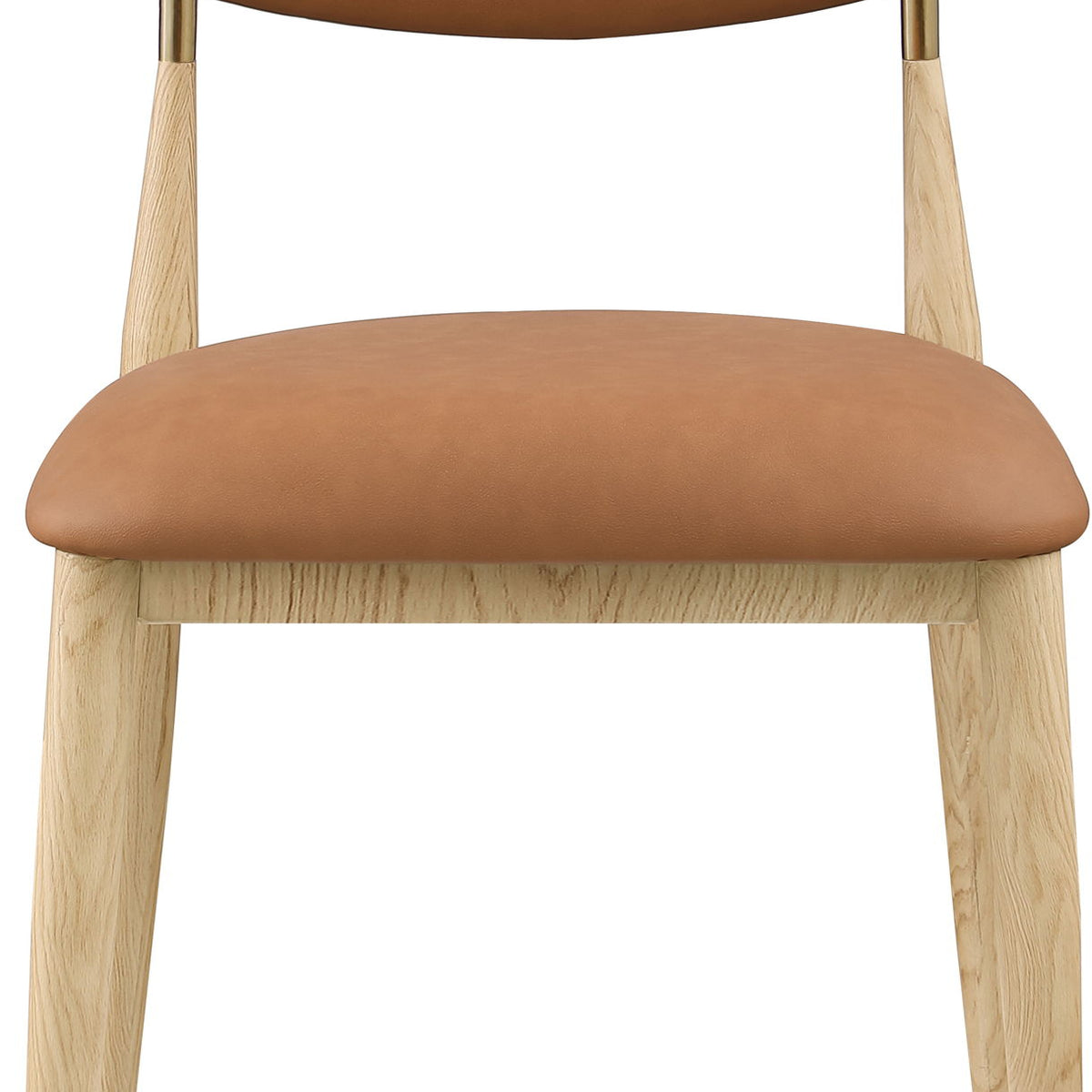 Vegan leather dining side chair with camel cushioned seat and light wood legs