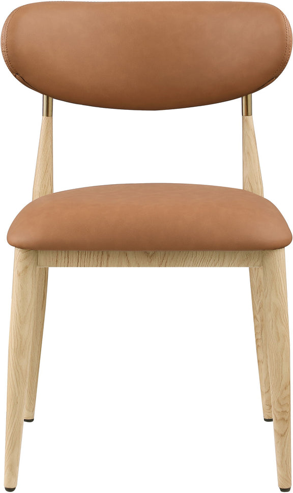 Vegan leather dining side chair with camel cushioned seat and light wood legs