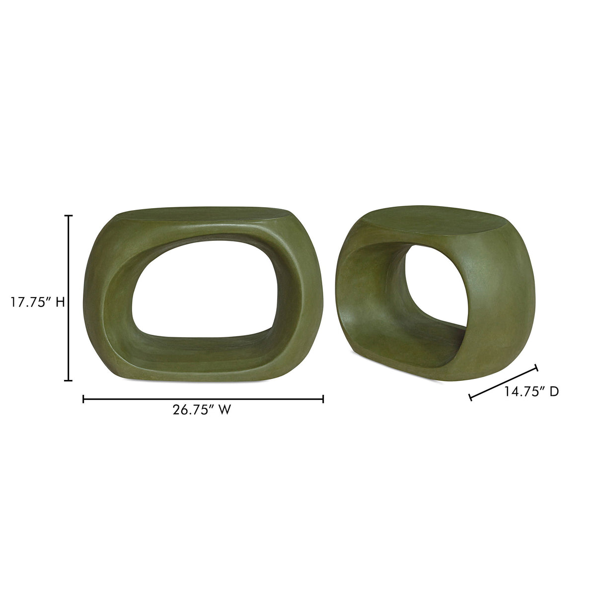 Dark green outdoor stool, side view, open oval center
