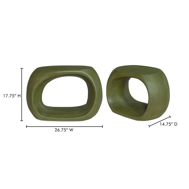 Dark green outdoor stool, side view, open oval center