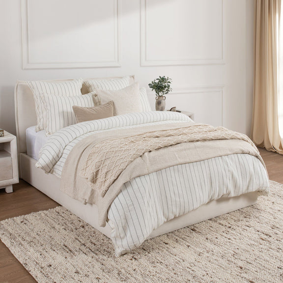 Monaco striped pillow sham, natural tan with thin vertical stripes and piped trim