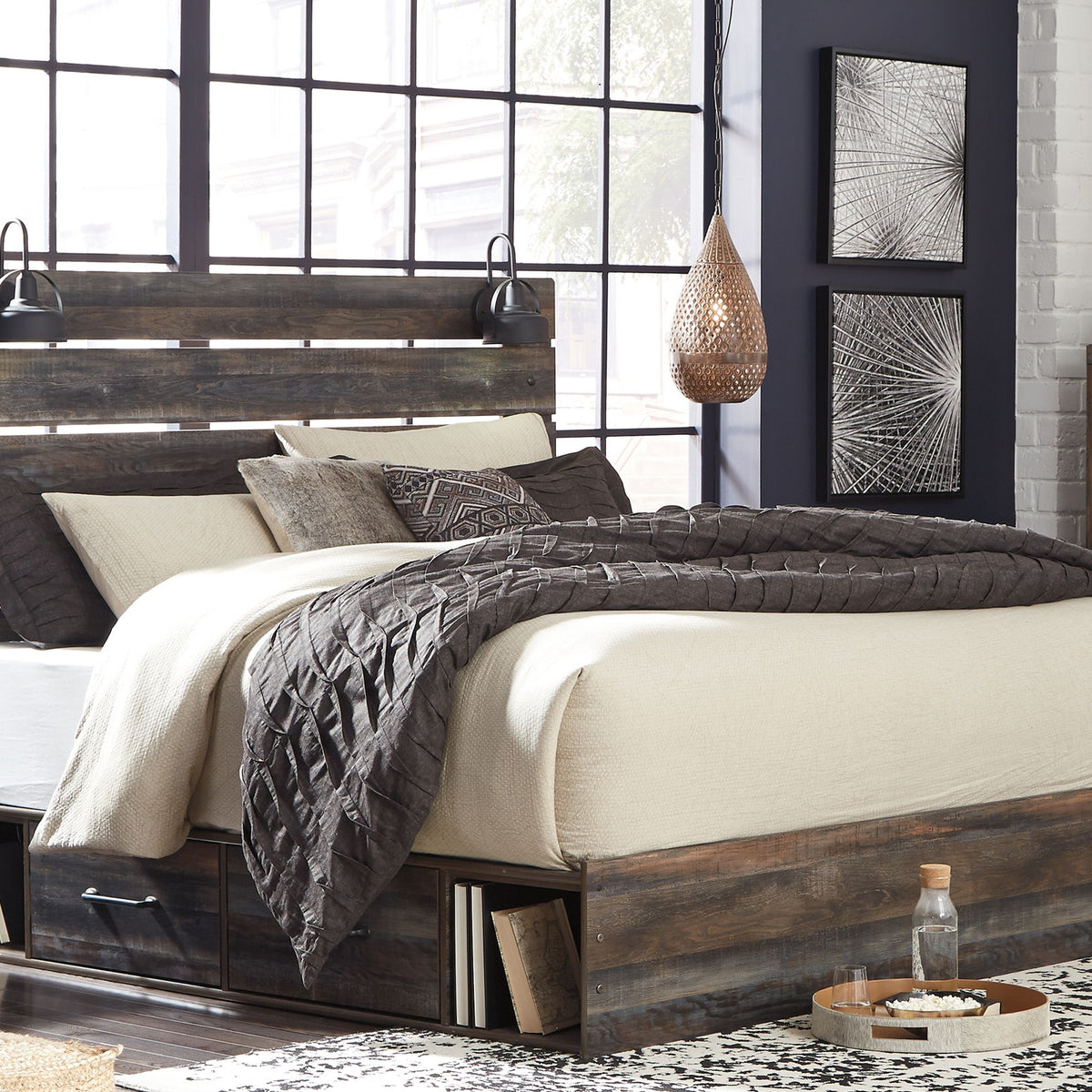 Panel bed with dark wood frame, beige comforter, and dark gray quilted throw