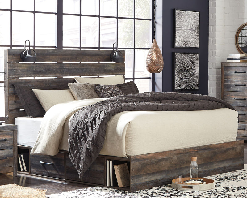 Panel bed with dark wood frame, beige comforter, and dark gray quilted throw