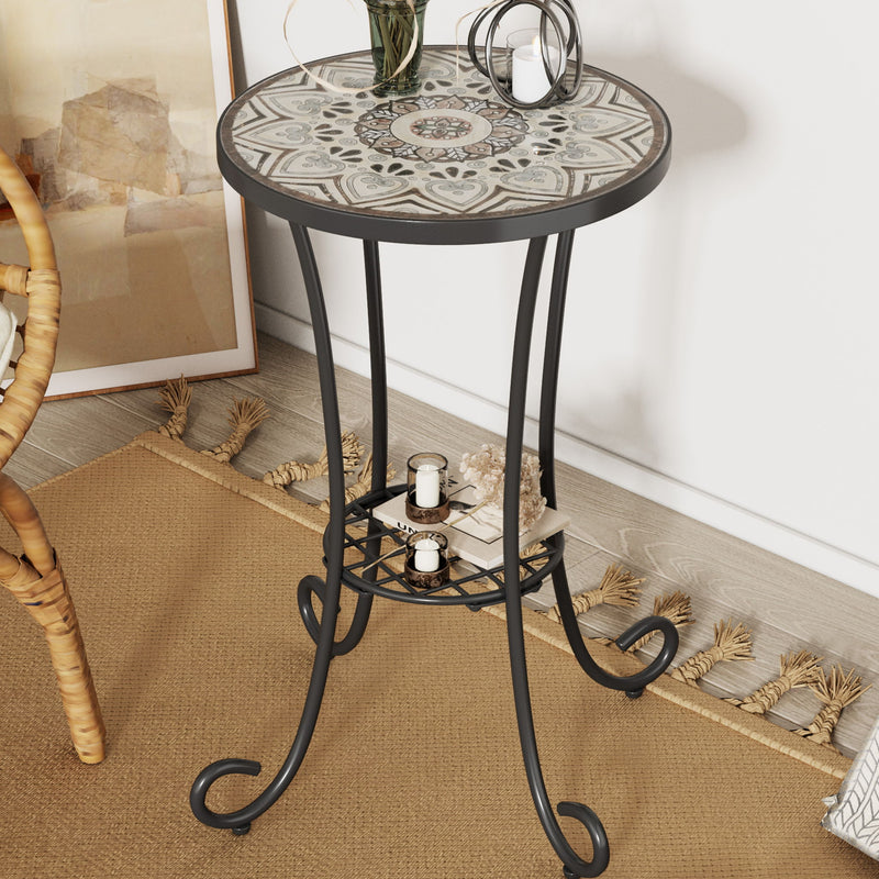 Ceramic Tile And Iron Patio Side Table With Shelf