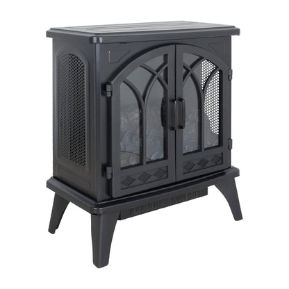 Classical 24-Inch 3D Flame Electric Infrared Quartz Fireplace Stove with Remote Control, Antique Black, Tempered Glass & Sheet Metal, Traditional