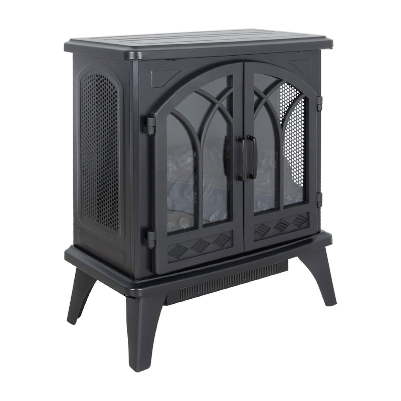 Classical 24-Inch 3D Flame Electric Infrared Quartz Fireplace Stove with Remote Control, Antique Black, Tempered Glass & Sheet Metal, Traditional
