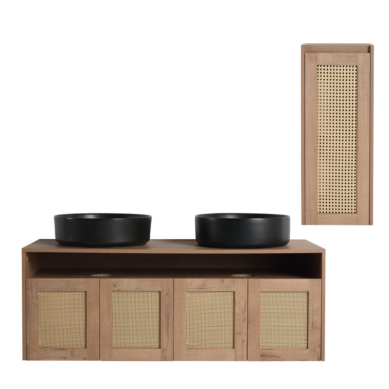 Floating bathroom vanity with rattan cabinet doors, double black vessel sinks, and side cabinet