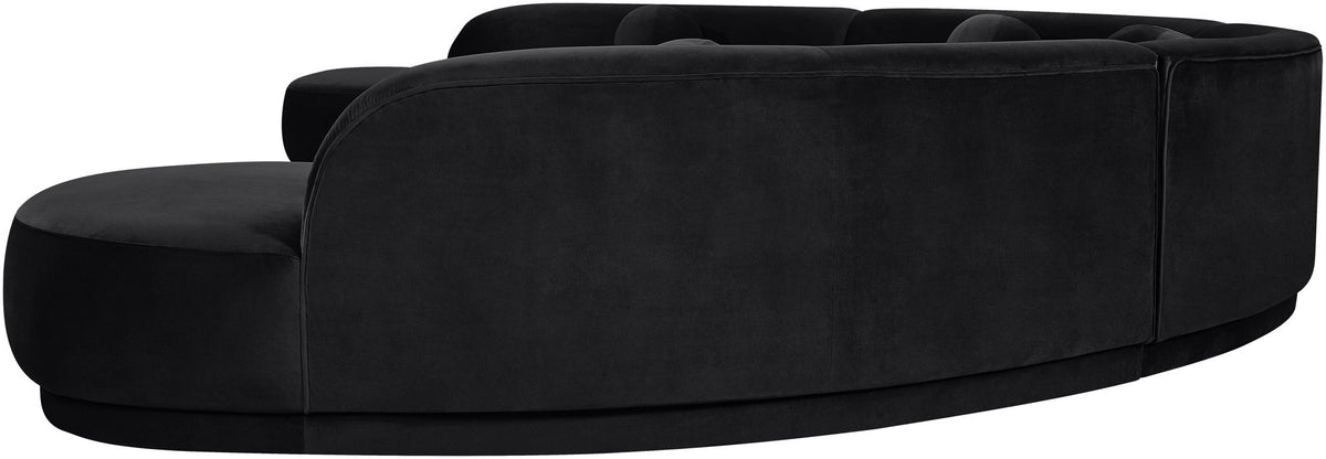 Black velvet sectional sofa with chaise, rounded arms and low profile