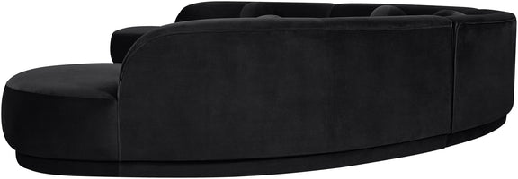 Black velvet sectional sofa with chaise, rounded arms and low profile