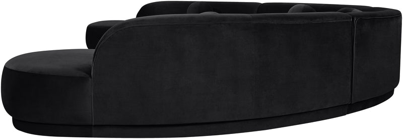 Black velvet sectional sofa with chaise, rounded arms and low profile