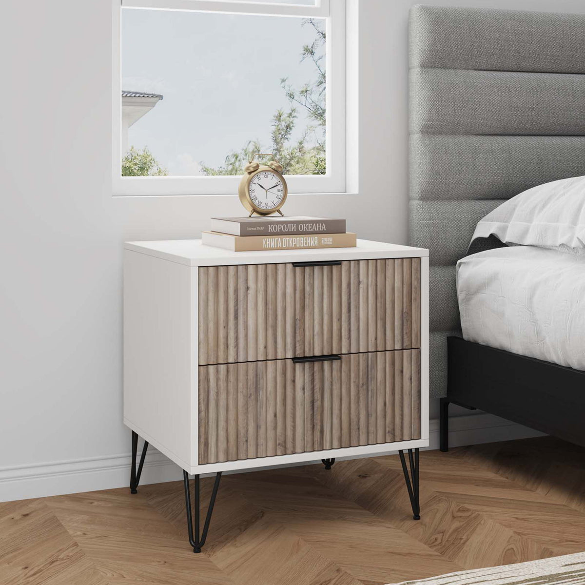 Manhattan Dumbo - Fluted 2-Drawer Nightstand With White Frame