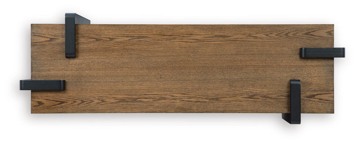Rectangular table top with medium wood grain and four black corner details