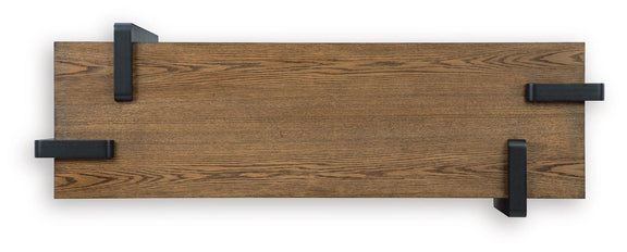 Rectangular table top with medium wood grain and four black corner details