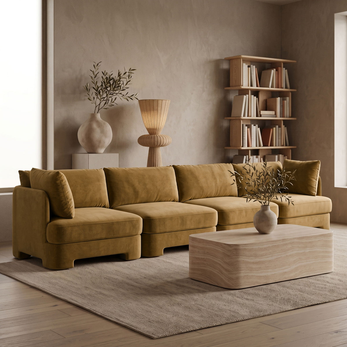 Olive velvet performance fabric upholstered 4-piece sectional sofa with corner chaise