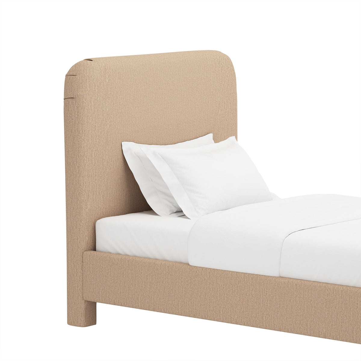 Beige rounded-corner upholstered bed with headboard and side rail