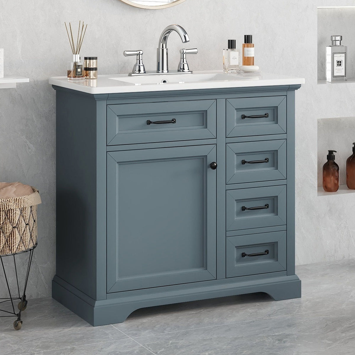 Blue bathroom vanity with white sink top, two doors and four drawer fronts