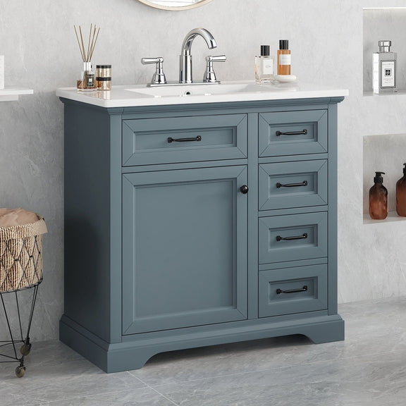 Blue bathroom vanity with white sink top, two doors and four drawer fronts