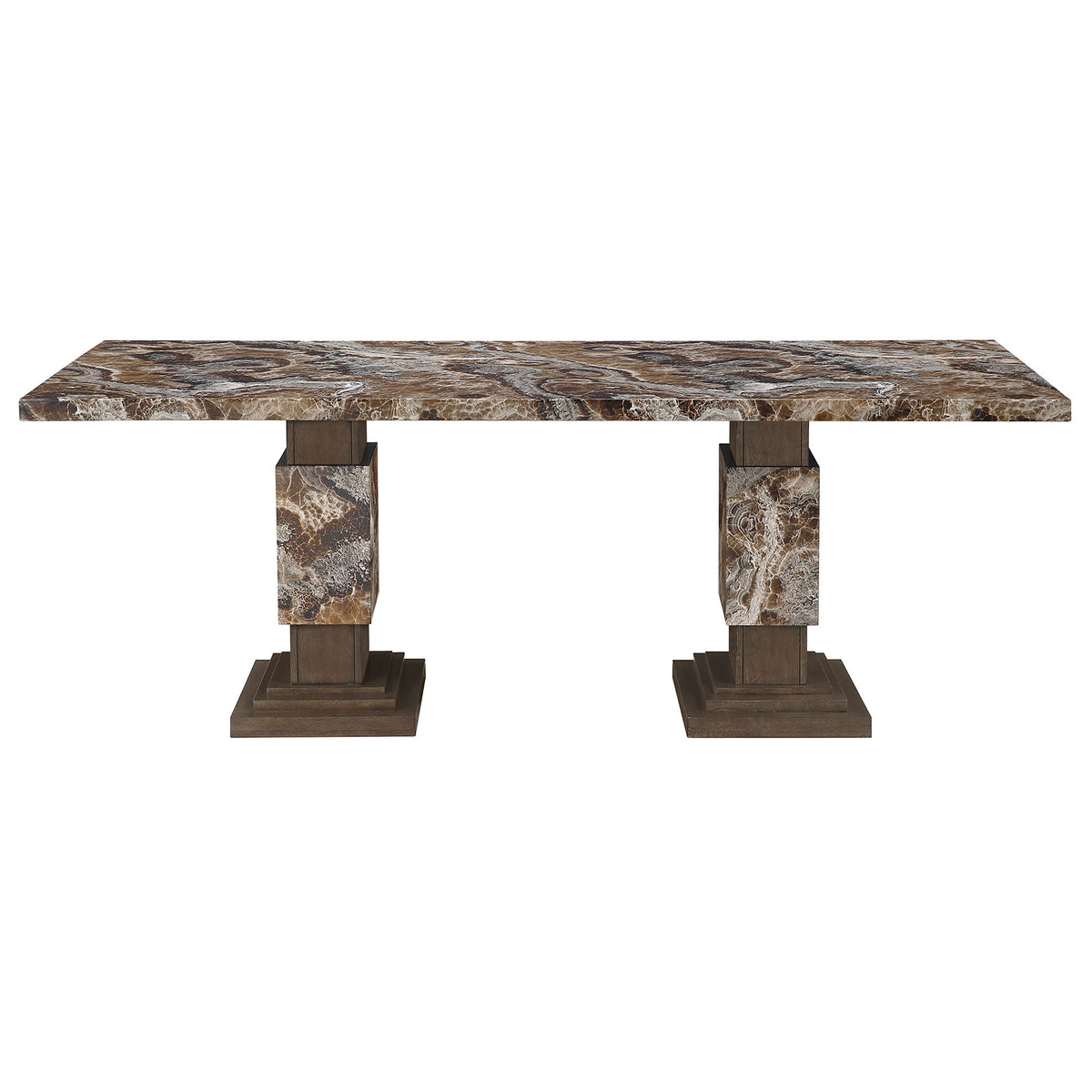 Dining table with marble-vein top and two split pedestal bases in dark brown