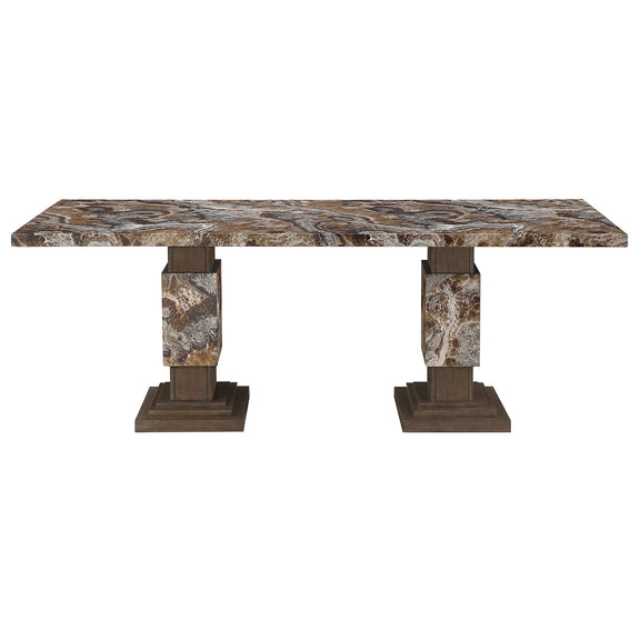 Dining table with marble-vein top and two split pedestal bases in dark brown