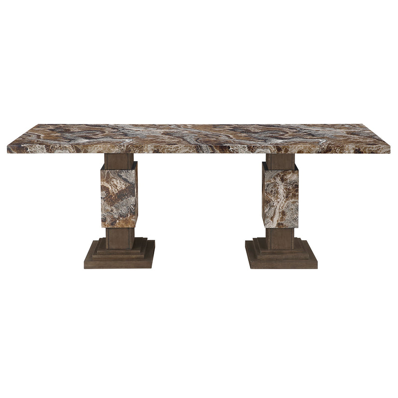 Dining table with marble-vein top and two split pedestal bases in dark brown