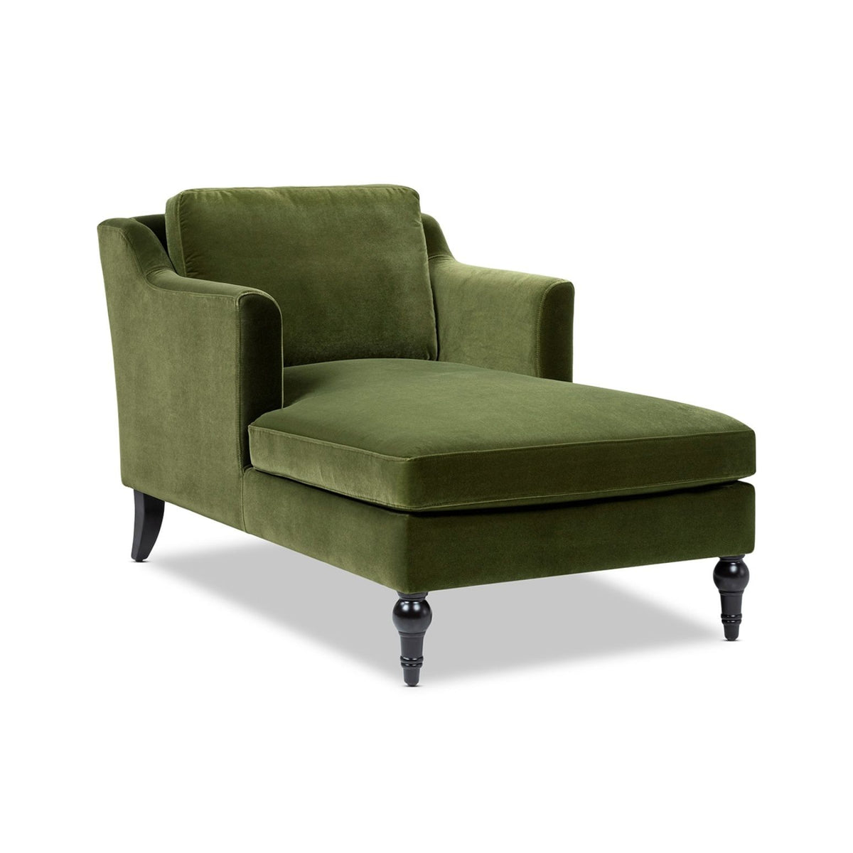 Green upholstered chaise lounge with curved arms and deep cushioned seat