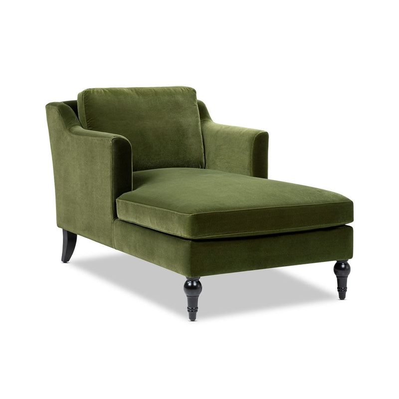 Green upholstered chaise lounge with curved arms and deep cushioned seat