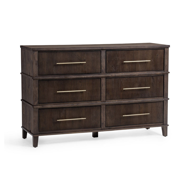 Brown wood dresser with six drawers and brushed gold bar pulls on front