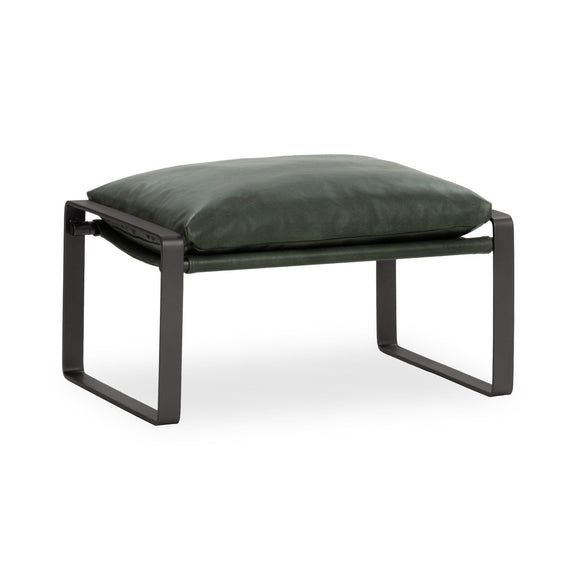 Square ottoman with dark green upholstered cushion and black metal frame