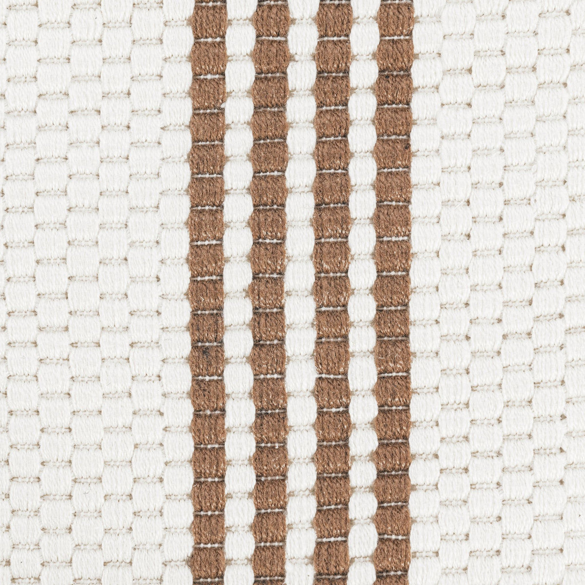 Sorrento stripe rug close-up: ivory field with brown stripe and white vertical bands