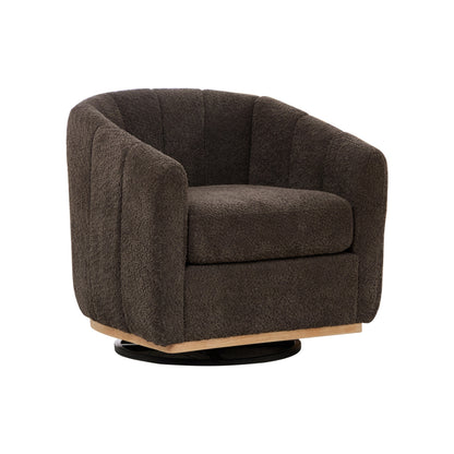 Modern Chenille Upholstered Barrel Chair with Metal Base, 360° Swivel, Charcoal, Solid Wood Frame, Foam Cushioning