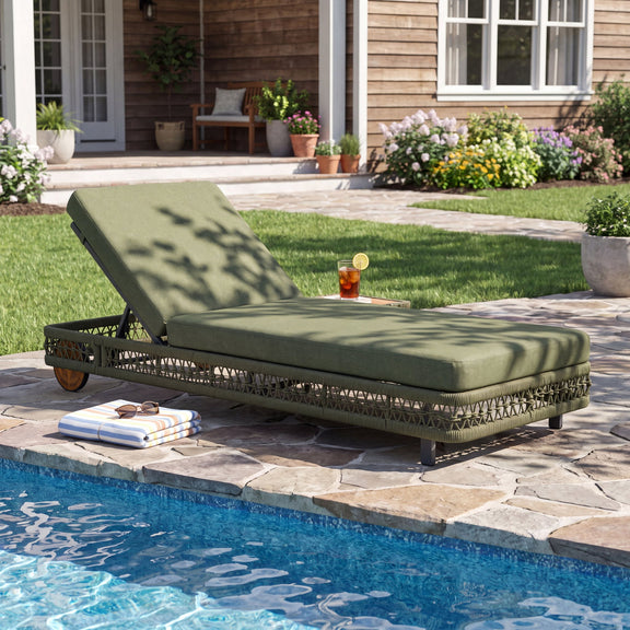 Green outdoor chaise lounge with wheels, adjustable backrest, padded cushions with woven base.