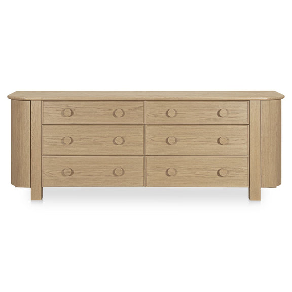 Natural wood 6-drawer dresser, front view, six drawers with round pulls