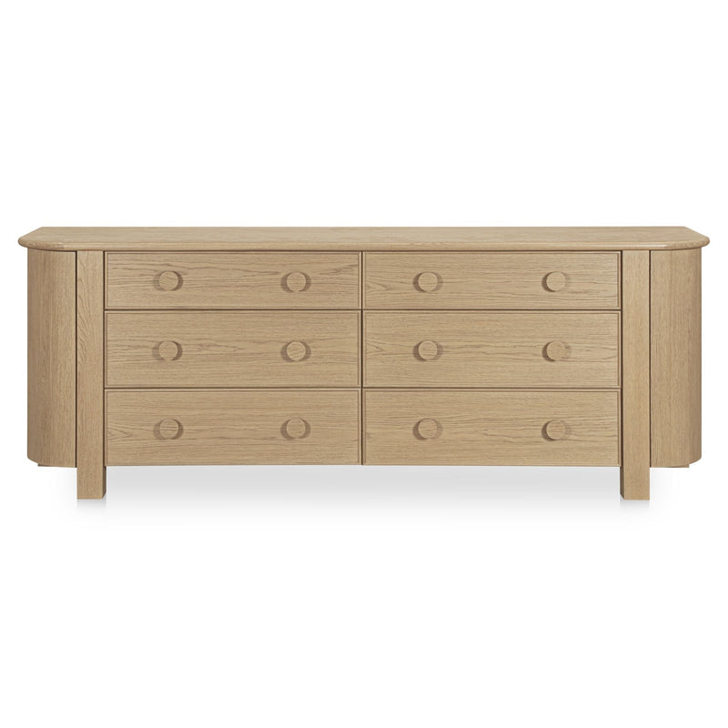 Natural wood 6-drawer dresser, front view, six drawers with round pulls