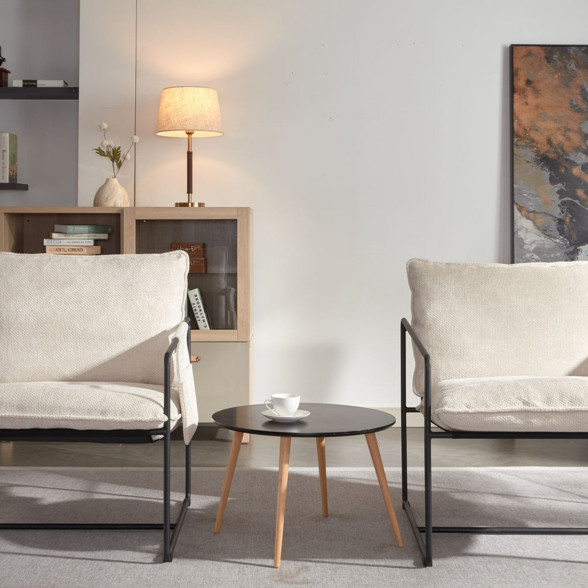 Upholstered Hanging Armchair With Arm Pocket Metal Frame (Set of 2), Crushed Foam Cushions And Skin-Friendly Braid For Living Room And Bedroom