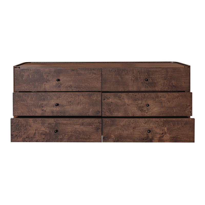 Gibson dark brown dresser with all six drawers partly open